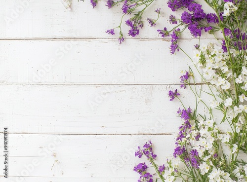 An empty space is available for publicity information or advertising text on top of a bouquet of dried wild flowers on a white table background with vintage planks of wood texture with a natural wood