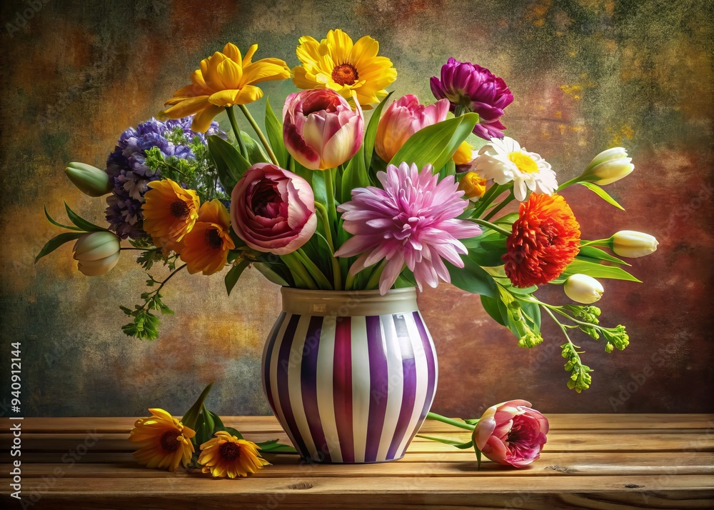 Soft petals unfurl from the vase's striped contours, a bouquet of sunflowers and daisies in varying shades of yellow and orange, set against a quiet morning background. Soft petals unfurl from the vase's striped contours, a bouquet of sunflowers and daisies in varying shades of yellow and orange, set against a quiet morning background.