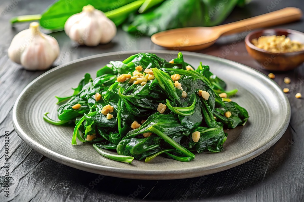 Photo image of steamed spinach leaves and bright green florets delicately arranged on a plain white ceramic plate with a sprinkle of slightly caramelized garlic flakes. Photo image of steamed spinach leaves and bright green florets delicately arranged on a plain white ceramic plate with a sprinkle of slightly caramelized garlic flakes.