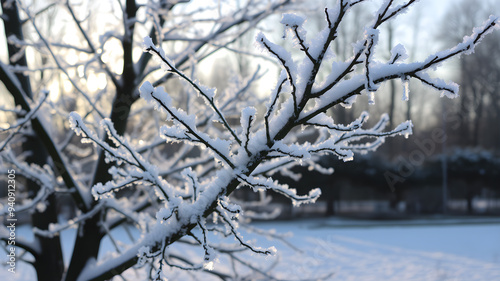 Frost covering the branches of a tree in the early morning, cold weather, winter beauty