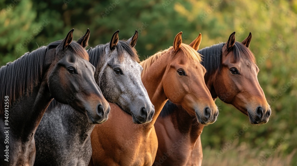 A group of horses standing together, their coats gleaming under the sun as they line up in unison. A group of horses standing together, their coats gleaming under the sun as they line up in unison.