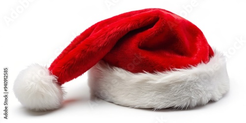 A festive red Santa hat sits solo on a pristine white background, its fluffy trim and bright pom-pom adding a pop of color to the scene. photo