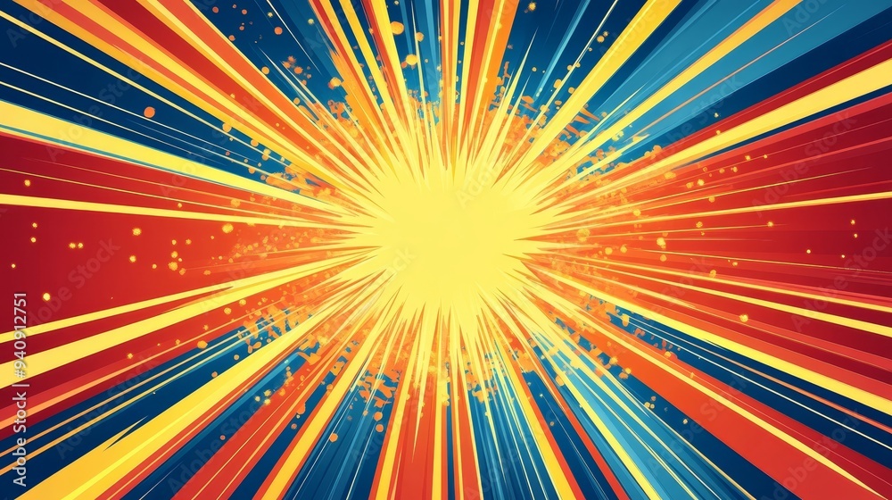 Vibrant comic book backdrop featuring radiating lines resembling sun rays or an explosive blast, ideal for adding energy and impact to designs. Vibrant comic book backdrop featuring radiating lines resembling sun rays or an explosive blast, ideal for adding energy and impact to designs.