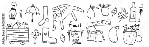 set of Autumn stickers, clip art, doodles, elements for prints, scrapbooking, planners, cards, posters, home decor etc. Childish naive art style. Hand drawn vector illustrations.