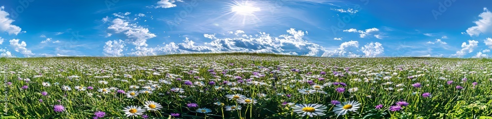 An image of a spring landscape with flowers in bloom on a meadow An image of a spring landscape with flowers in bloom on a meadow