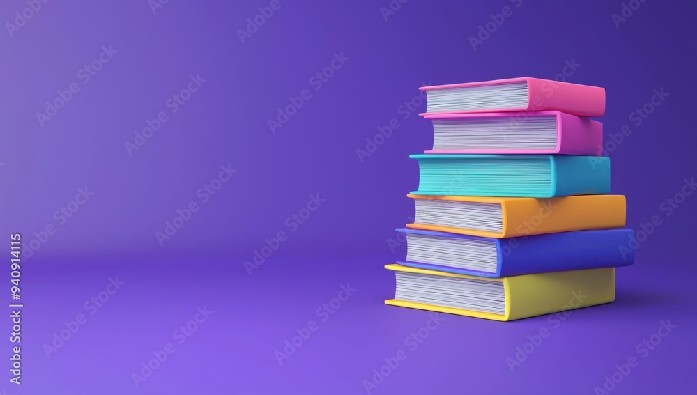 Stack of colorful books arranged in a neat pile against a solid purple background Generative AI Stack of colorful books arranged in a neat pile against a solid purple background Generative AI