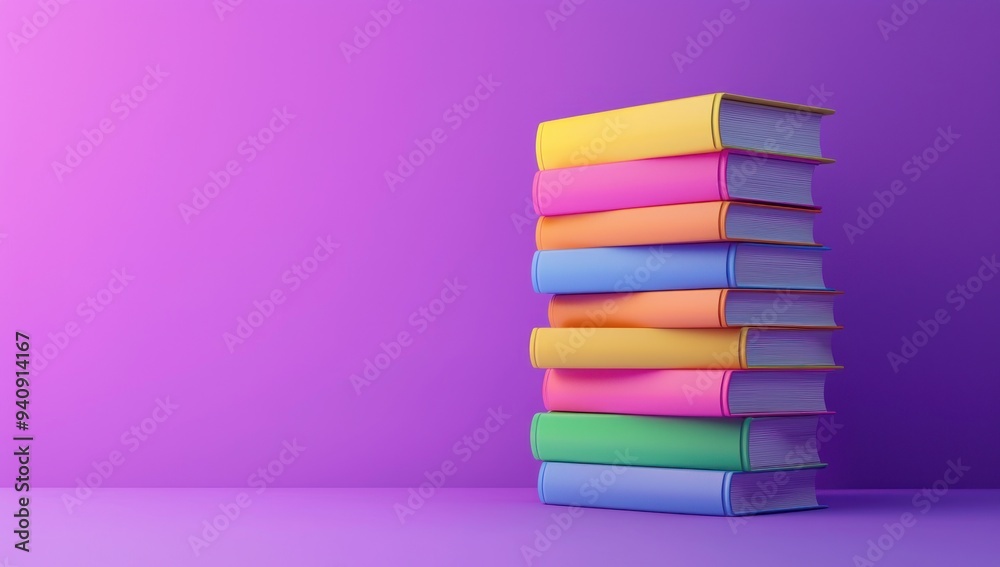 Stack of colorful books arranged in a neat pile against a solid purple background Generative AI Stack of colorful books arranged in a neat pile against a solid purple background Generative AI