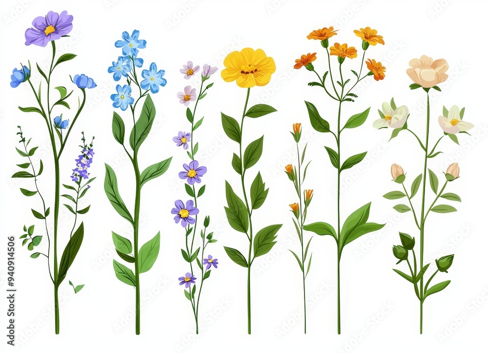 This modern illustration shows tropical flowers in a realistic and line style isolated on a white background. This modern illustration shows tropical flowers in a realistic and line style isolated on a white background.