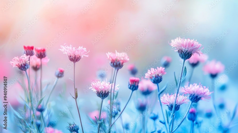 Naklejka premium In this macro photograph, pink forest flowers are shown against a backdrop of blue leaves and stems. This is an artistic natural macro of spring and summer wild flowers.