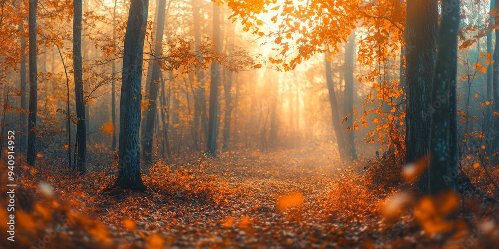 Fototapeta premium Golden Hour in Autumn Forest: Misty Summer Serenity