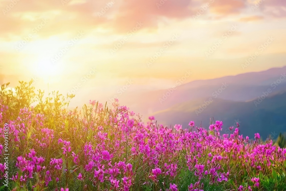 Fototapeta premium In the background is Santis, a rocky peak, and wild flowers on Schafler were in bloom, Appenzell Innerrhoden were in bloom,