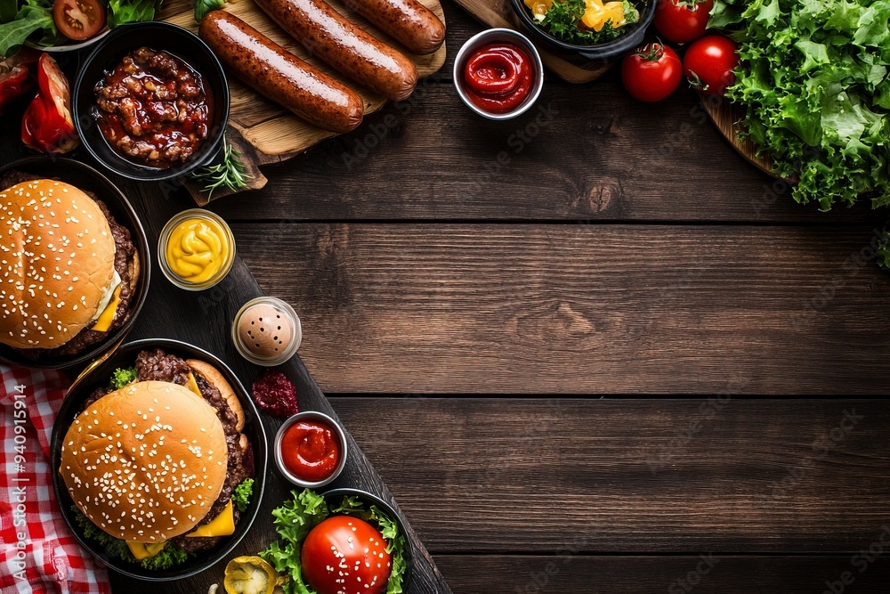 Summer BBQ or picnic double border with hamburgers, hotdogs, salad and snacks. Top view over a dark wood banner background. Copy space. Generative Ai Summer BBQ or picnic double border with hamburgers, hotdogs, salad and snacks. Top view over a dark wood banner background. Copy space. Generative Ai