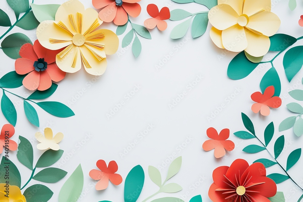 On a gray background, pink paper flowers stand out against green plants with leaves On a gray background, pink paper flowers stand out against green plants with leaves
