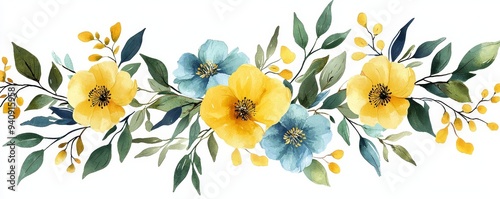 Drawing of a yellow flower and wild herb composed on a twig with leaves and flowers. Botanical illustration composition made from watercolors.