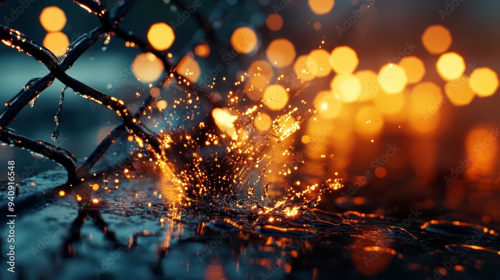 A tight shot of a chain-link fence adorned with numerous lights situated beyond it A tight shot of a chain-link fence adorned with numerous lights situated beyond it