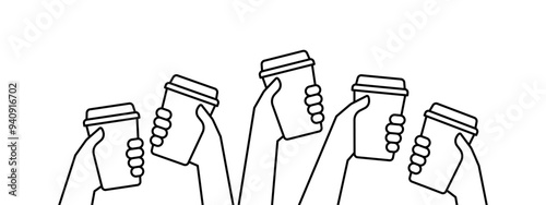 Hands of group people holding coffee in reusable cup, simple line. Together clink on break time. Fast take away drink. Takeaway drink in mug, coffee to go. Coffee lover. Vector illustration