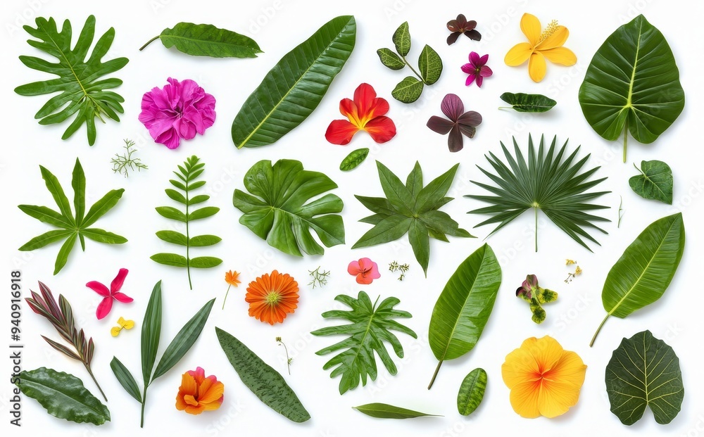 An arrangement of fresh tropical leaves and flowers on a white background An arrangement of fresh tropical leaves and flowers on a white background