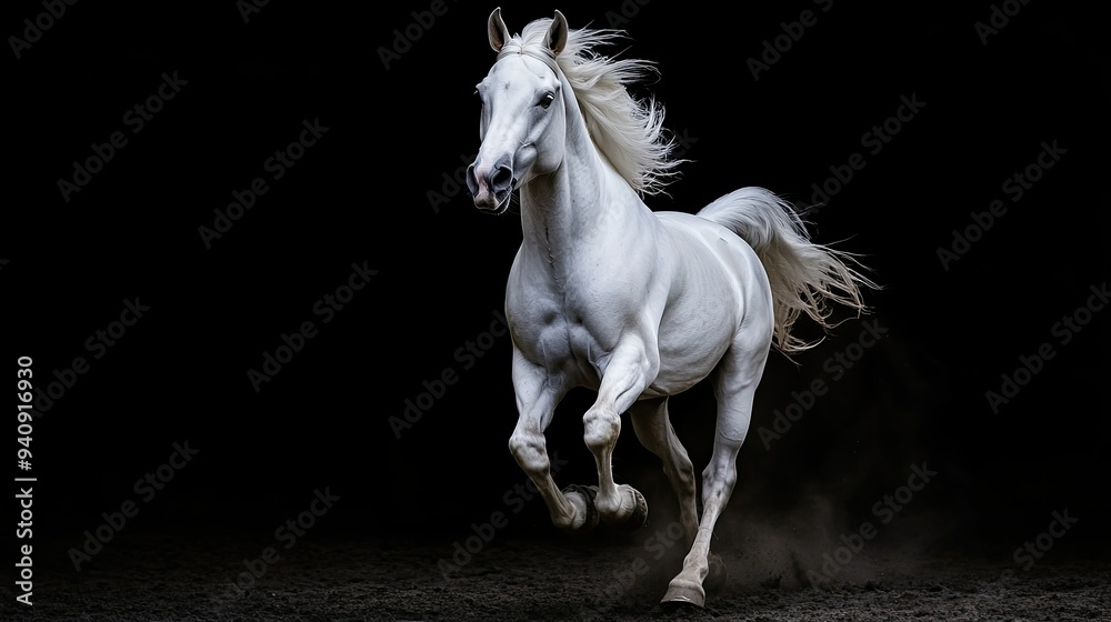 A majestic white horse running freely, highlighted against a pitch-black background for dramatic contrast. A majestic white horse running freely, highlighted against a pitch-black background for dramatic contrast.