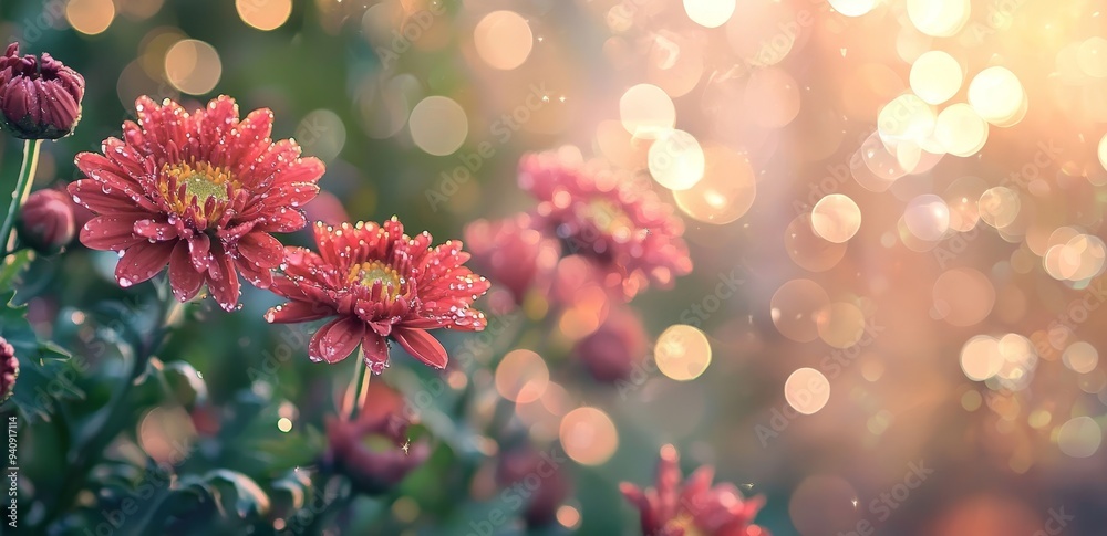 Autumn flowers art design with red chrysanthemum flowers blooming in a garden. Nature background.