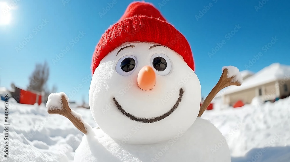 Obraz premium A snowman with a red hat and a smile on his face. The snowman is standing in the snow and he is happy