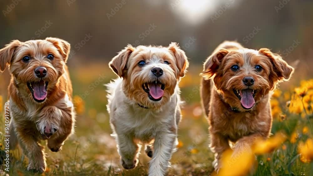 Three dogs are running in a field of yellow flowers Three dogs are running in a field of yellow flowers