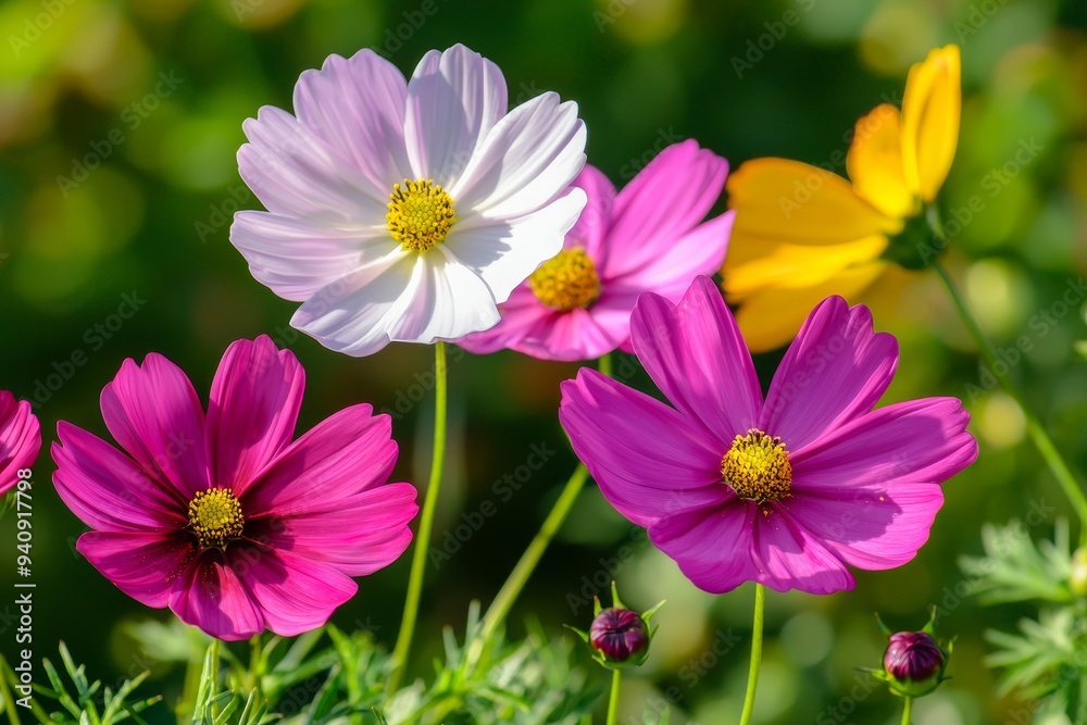 On a nature background, pink cosmos flowers are blooming in the garden On a nature background, pink cosmos flowers are blooming in the garden