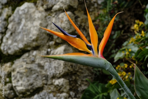 Flowering orange strelitzia behind a marble wall