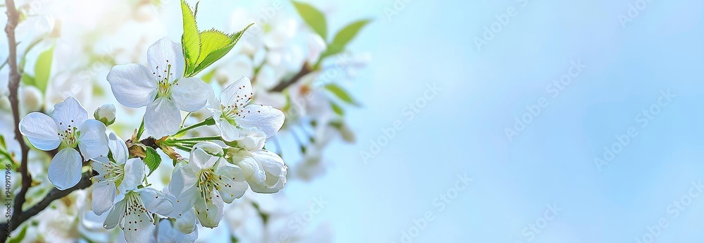 A branch of a tree is bursting with white flowers in springtime against a blue sky A branch of a tree is bursting with white flowers in springtime against a blue sky