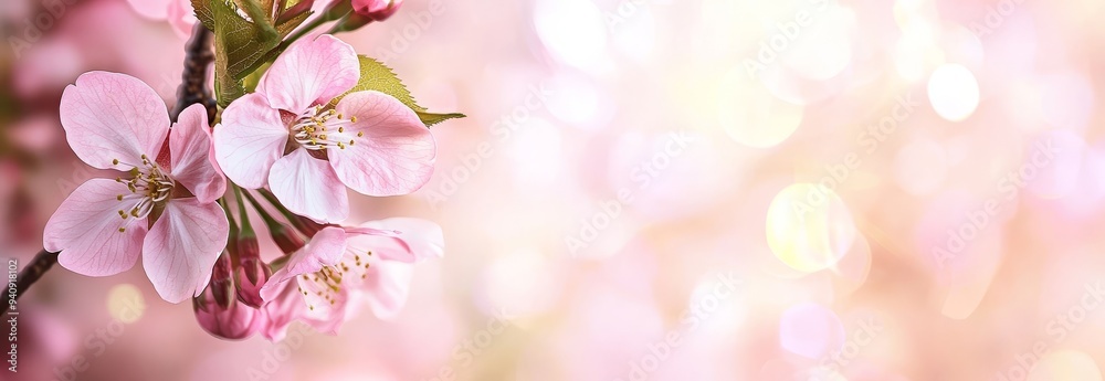 Spring cherry blossom blooming against a blurred garden banner background of greens, blues, and whites in a natural sunny springtime setting. Spring cherry blossom blooming against a blurred garden banner background of greens, blues, and whites in a natural sunny springtime setting.