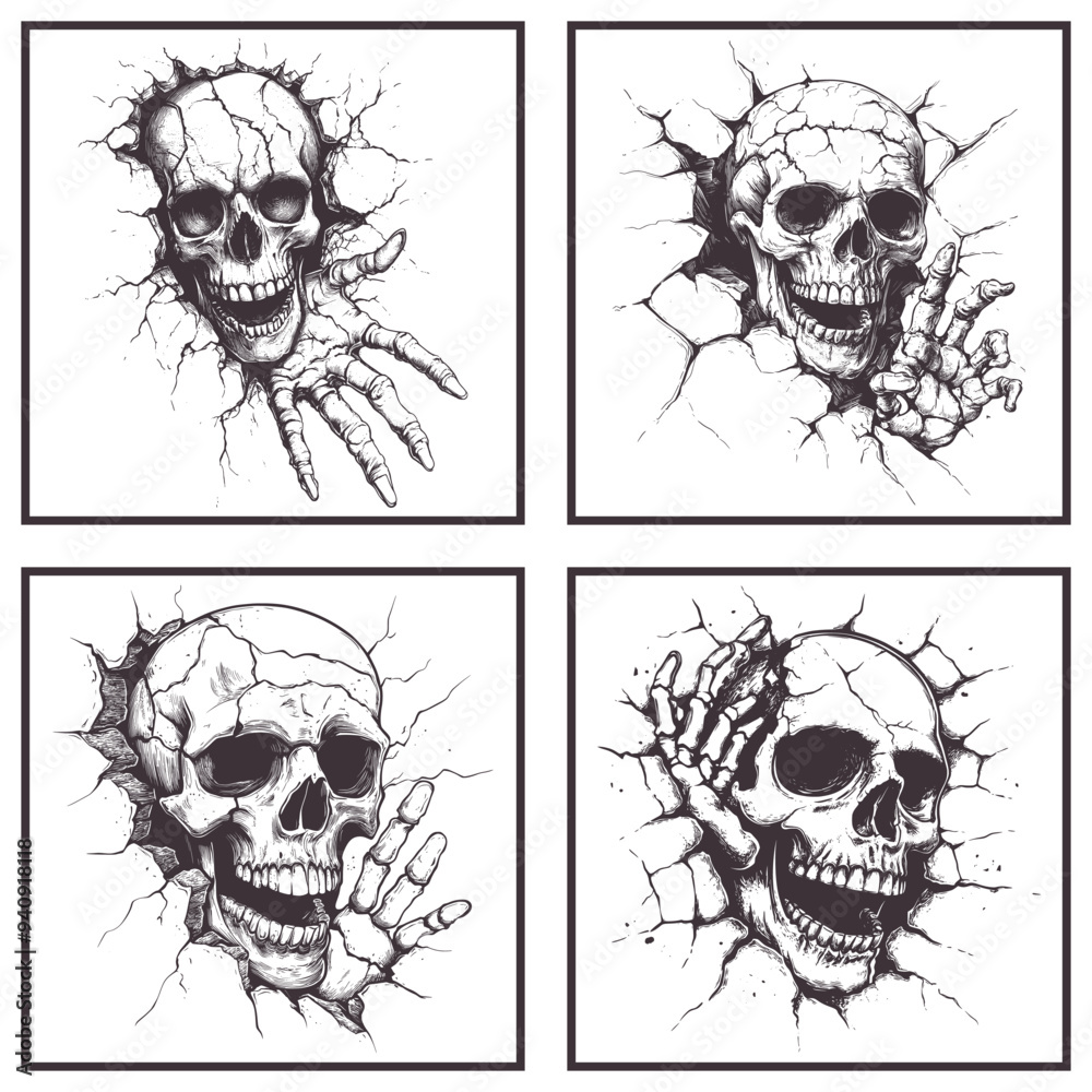 Skull and hand breaking through wall on white background Skull and hand breaking through wall on white background