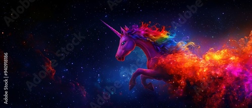 Enchanting scene of a unicorn with a vibrant rainbow mane, prancing through a starry, magical landscape