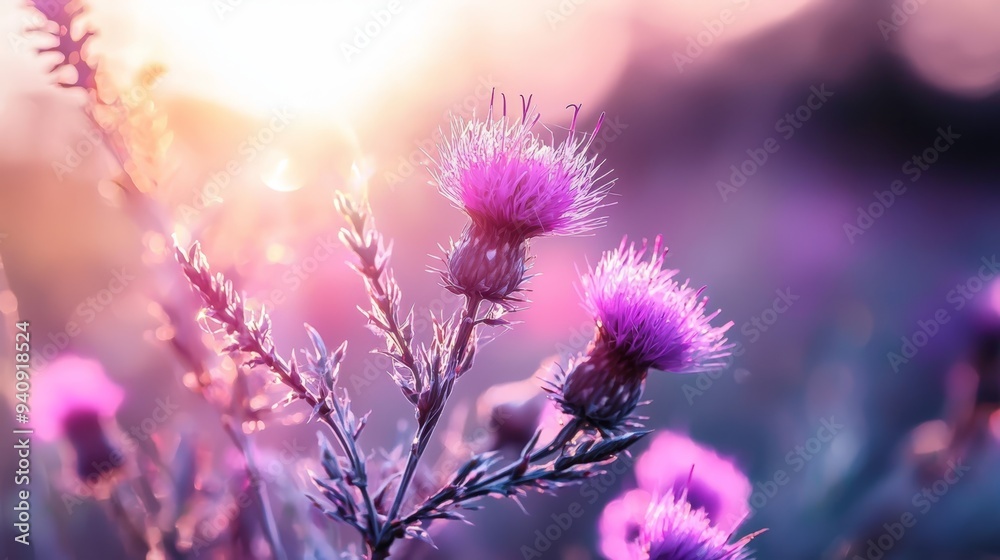  A tight shot of a plant boasting purple blooms in the foreground, with the sun casting rays through the backdrop