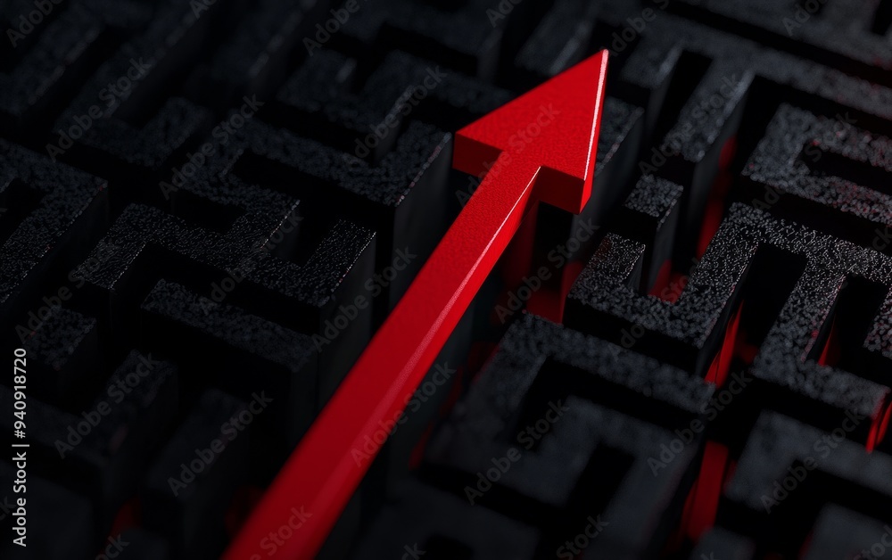 Red arrow cutting through intricate black labyrinth, overcoming challenges, 3D illustration Red arrow cutting through intricate black labyrinth, overcoming challenges, 3D illustration