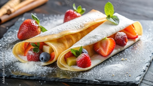 Photo image of a delicate French-inspired dessert consisting of a thin, rolled crepe filled with cream, fresh fruit, and a sprinkle of powdered sugar. photo