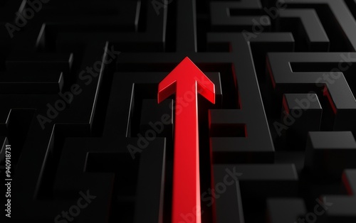 Red arrow moving through a tangled black maze, achieving success, 3D illustration