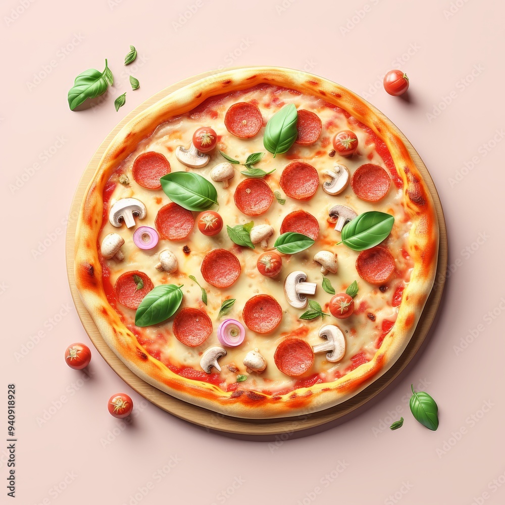 Delicious pepperoni pizza topped with fresh basil and mushrooms on a wooden board. Perfect for food lovers and culinary promotions. Delicious pepperoni pizza topped with fresh basil and mushrooms on a wooden board. Perfect for food lovers and culinary promotions.