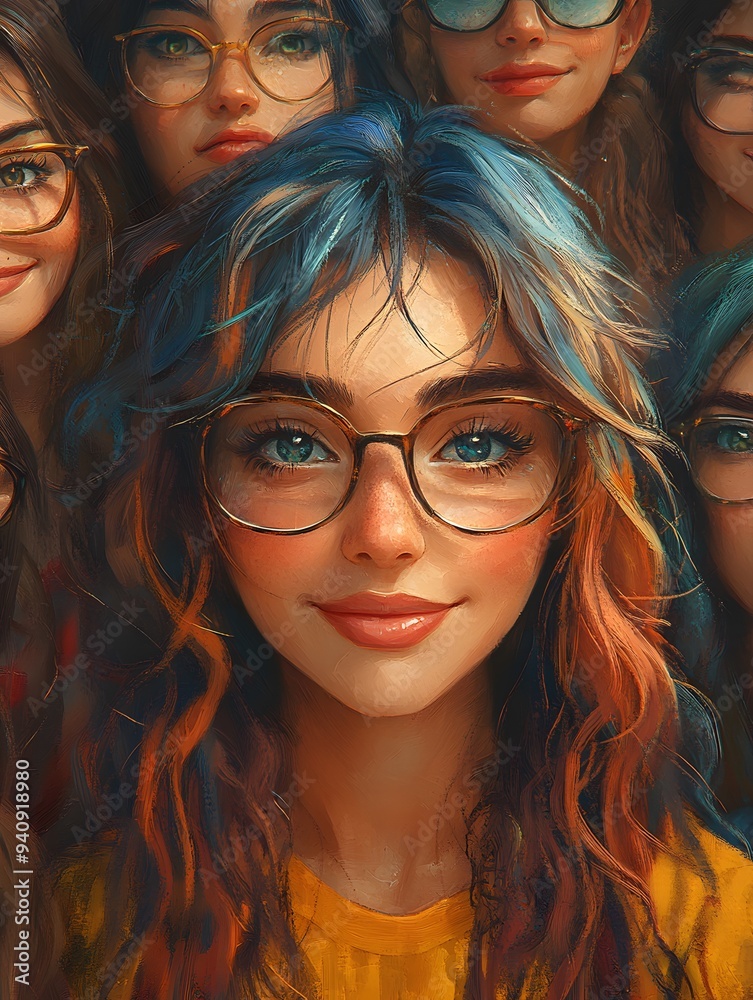 A close-knit group of friends with joyful expressions, illustrated in a lively and colorful style for social media