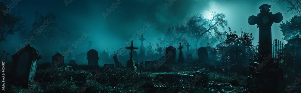 The moon shining on a haunted graveyard at night. Halloween background concept. The moon shining on a haunted graveyard at night. Halloween background concept.