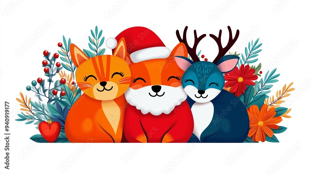 Fototapeta premium Three animals, a cat, a deer and a rabbit, are sitting together in a flowery background
