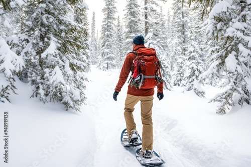 Serene Winter Adventure: Gen Z Man Snowshoeing Through Snow-Covered Forest for Digital Detox