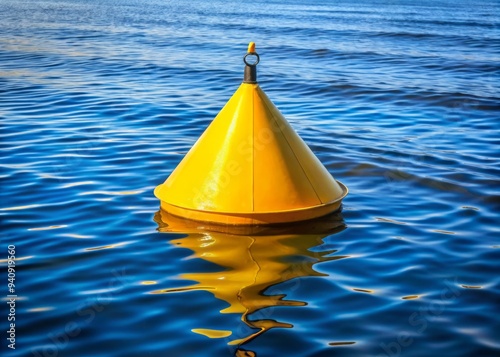 A triangular buoy on the water's surface, its bright yellow color stands out as it marks a no wake zone for boats. photo