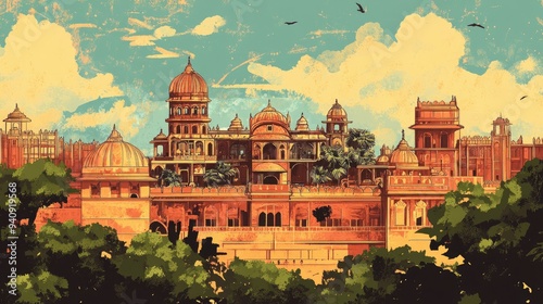 A nostalgic Gujarat Day illustration in vintage style, celebrating the cultural and architectural marvels of Gujarat. photo