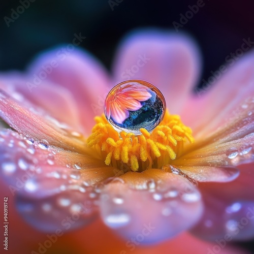 Raindrop on Flower Petal Reflecting Garden - Capturing Joy in Miniature Details photo