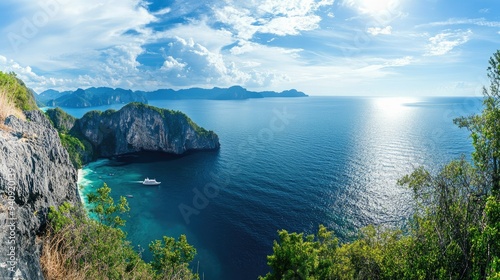 A panoramic shot of Krating Cape, Phuket, capturing the dramatic cliffs and the serene, endless expanse of ocean.