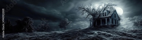 A haunting landscape featuring an eerie abandoned house under a full moon, surrounded by dark skies and ghostly shadows.