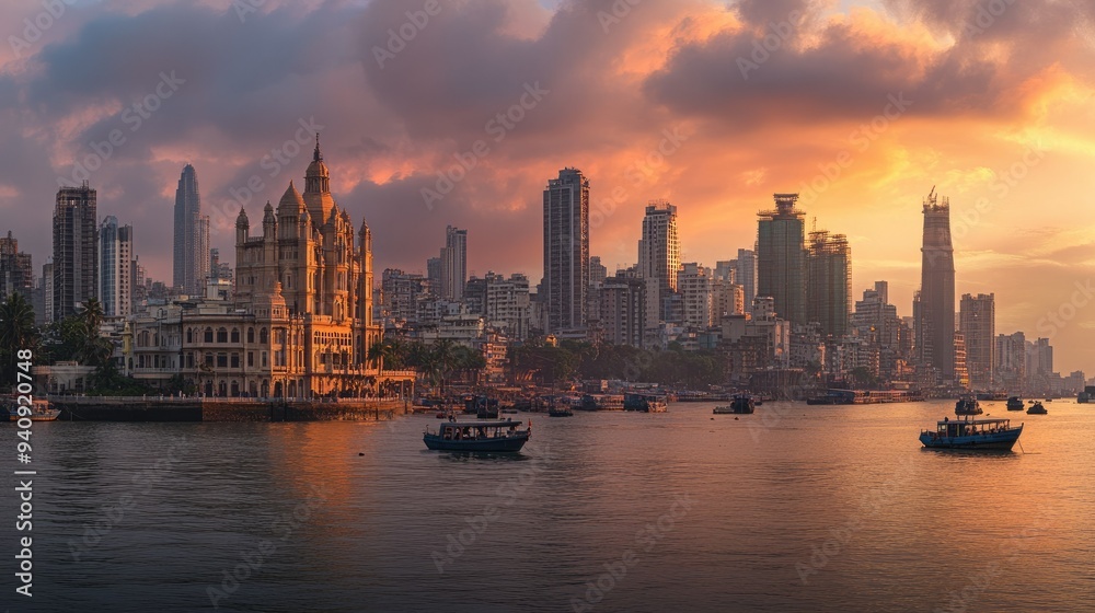 Fototapeta premium A panoramic view of Mumbai iconic skyline, capturing the city mix of modern and historical architecture.