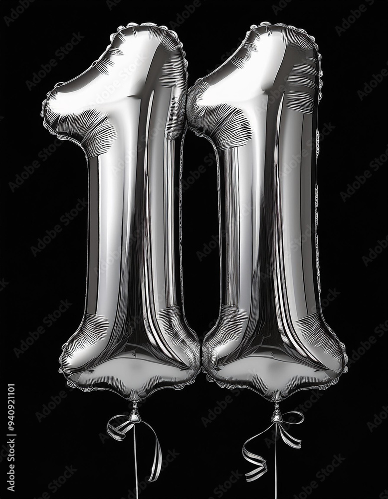 Silver birthday / anniversary balloon, number 11, black background Silver birthday / anniversary balloon, number 11, black background