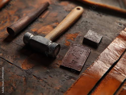 A Leatherworking Bench with a Hammer, Stamps, and a Half-Finished Leather Piece Arranged