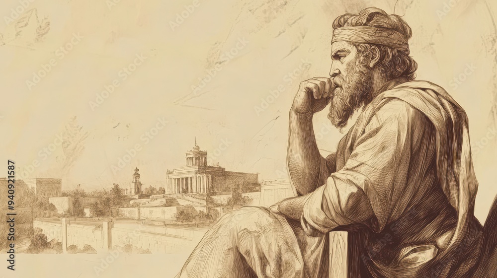 Fototapeta premium Solomon Reflecting on His Achievements in His Later Years in 2 Chronicles, With Temple and Palace in the Distance, Biblical Illustration for Spiritual Reflection, Beige Background