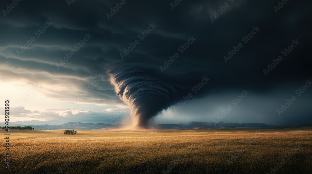 A massive tornado touches down on an open field with dramatic dark ...